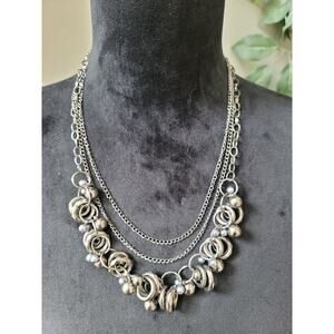 Women's Silver and Charcoal Beaded Necklace with Geometric Links and Charms